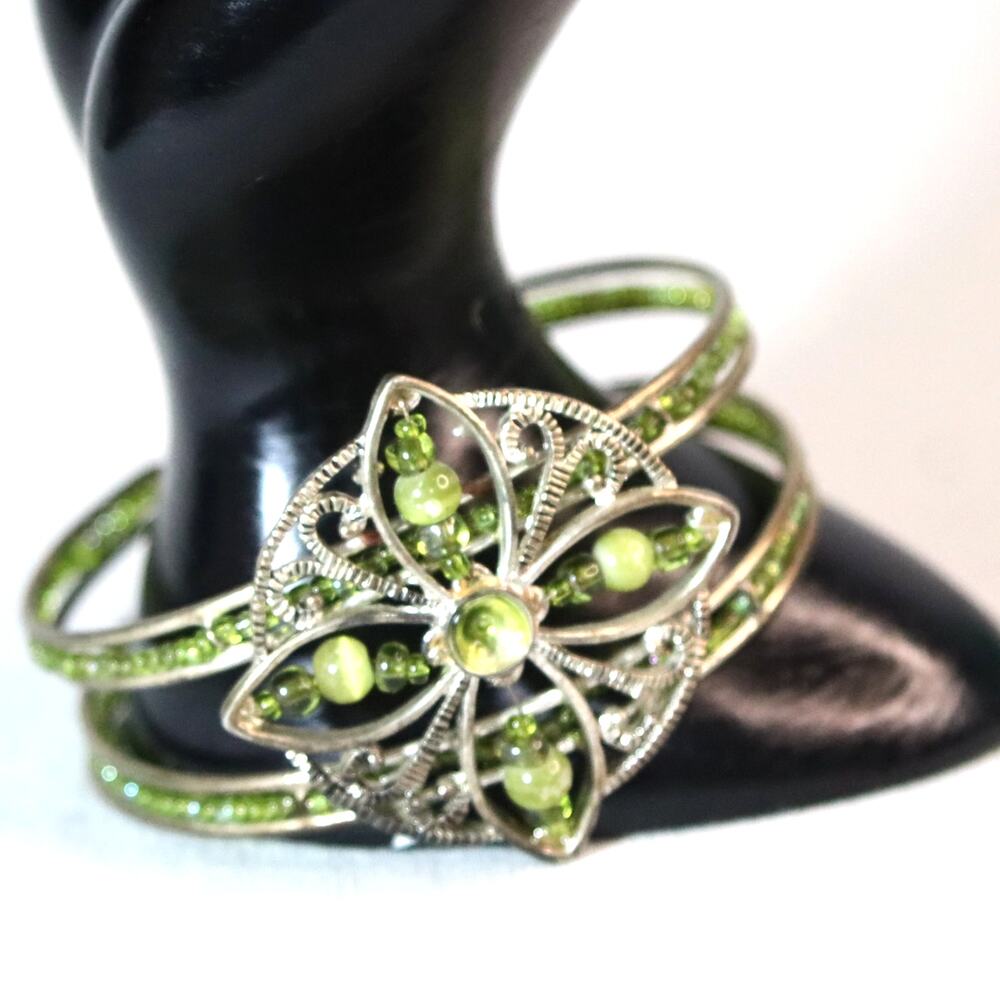Filigree Cuff Bracelet Silver Tone Green Stones and Beads